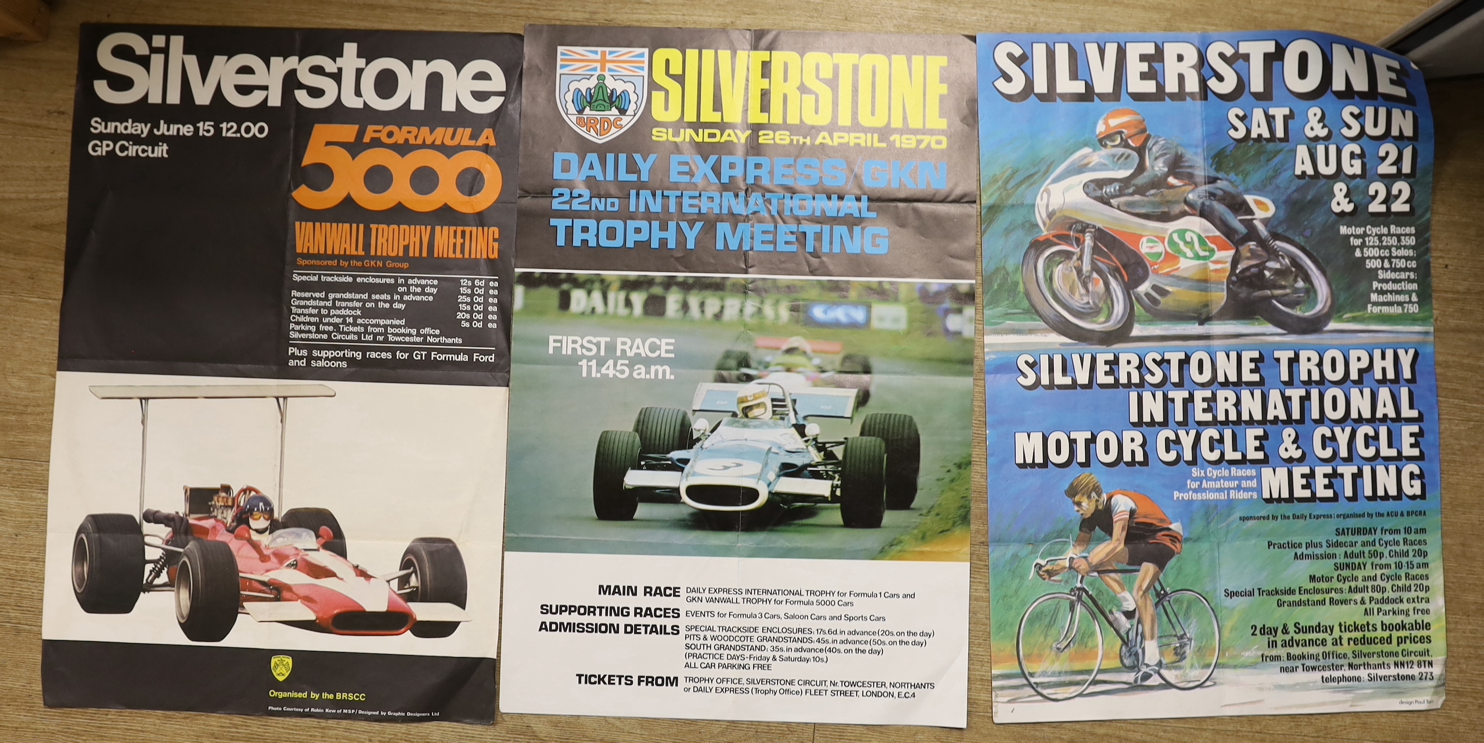 Three 1970s, Silverstone motor racing posters; a GKN 22nd International Trophy Meeting, 26 April 1970, a Trophy International Motorcycle and Cycle Meeting, designed by Paul Torr, and a Formula 5000 Vanwall Trophy Meeting